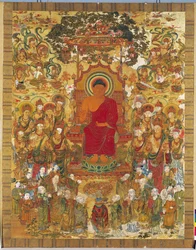 Stickerei, die Sakyamuni predigend darstellt